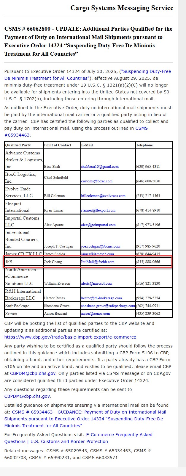 CBP qualified party reference naming JFS for international mail shipment duty payment support